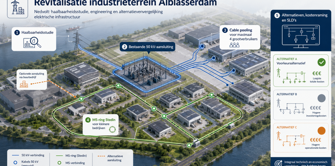 Elektrische infrastructuur op het voormalige FN Steel-terrein in Alblasserdam, onderzocht door Nedvolt voor ROM-D