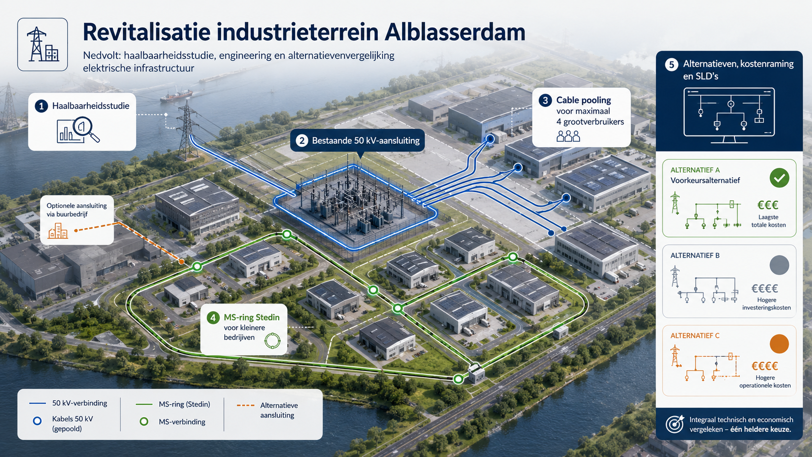 Elektrische infrastructuur op het voormalige FN Steel-terrein in Alblasserdam, onderzocht door Nedvolt voor ROM-D